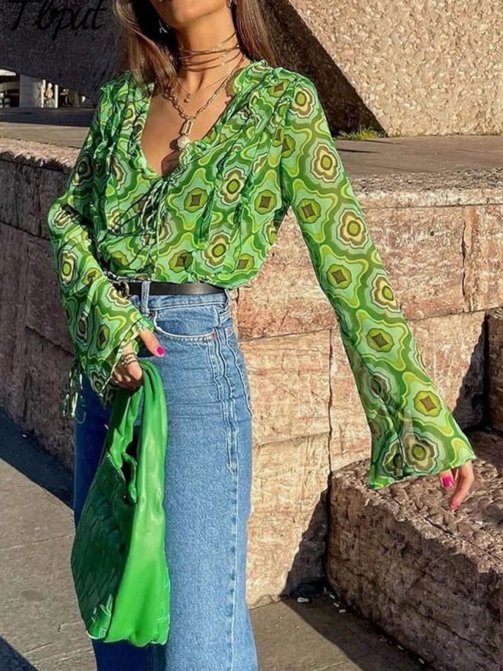 Women's Low V Neck Green Print Ruffle Loose Lace-Up Shirt Long Sleeves